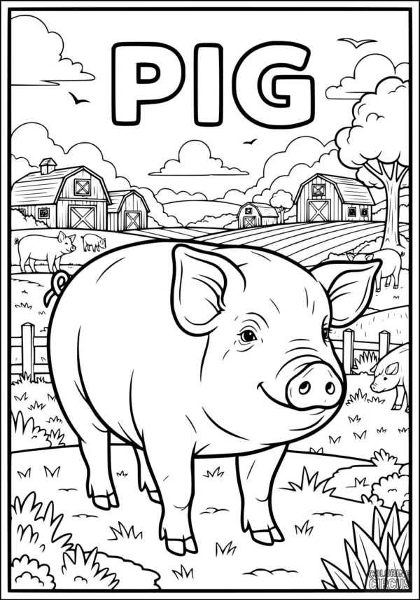 Coloring page of a smiling pig standing in a grassy farmyard with barns, trees, and piglets in the background