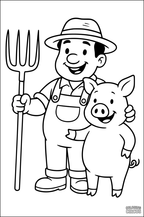Coloring page featuring a smiling farmer in a hat and overalls standing with a happy pig