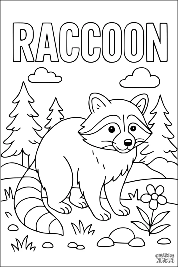 Coloring page featuring a smiling raccoon in a forest with trees, clouds, and a flower