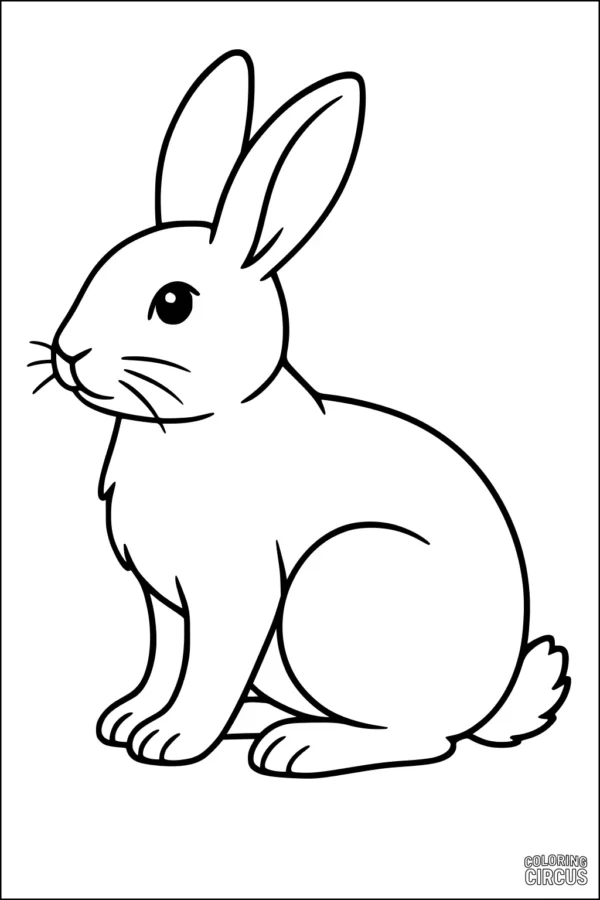 Coloring page of a single cute rabbit sitting upright, simple cartoon style.