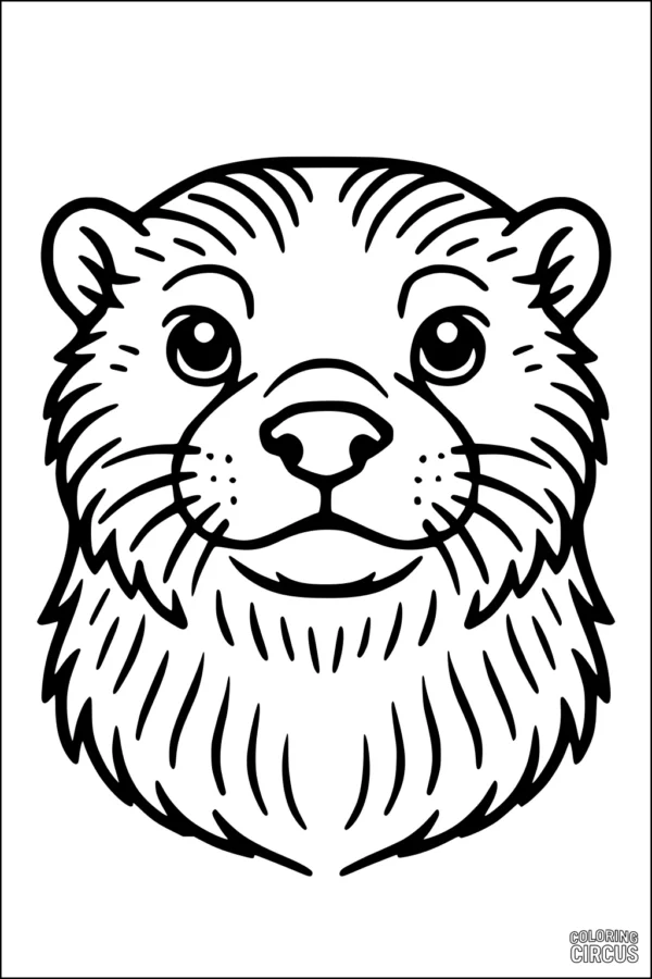 Coloring page showing a cute otter face with fluffy whiskers, perfect for kids