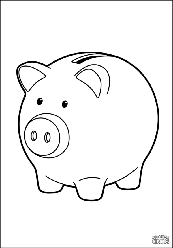 Coloring page of a cute piggy bank with big round body and coin slot, designed for young children