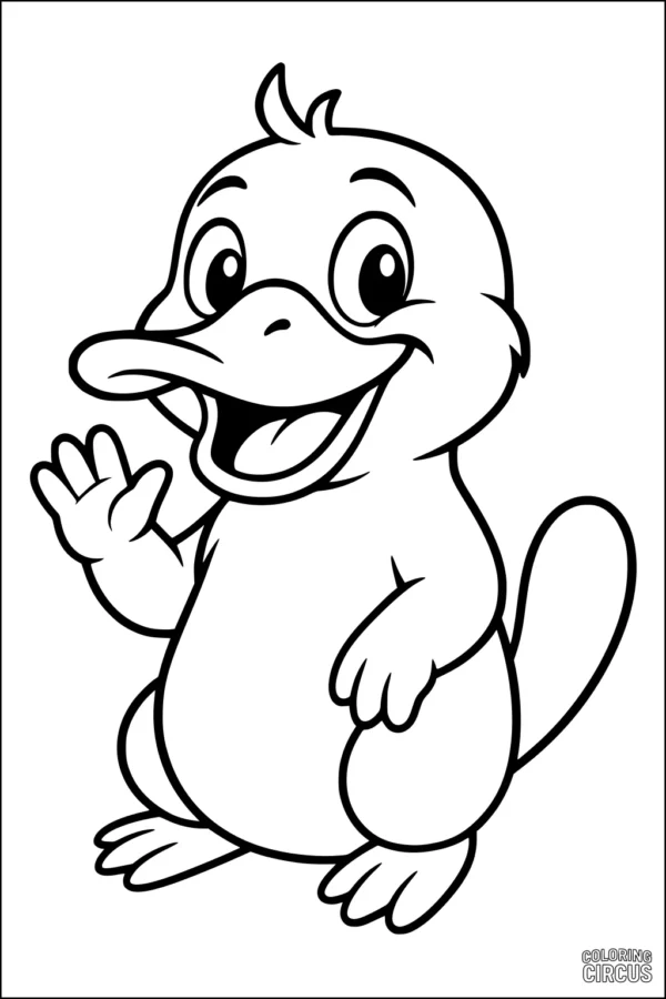 Coloring page featuring a cute cartoon platypus happily waving
