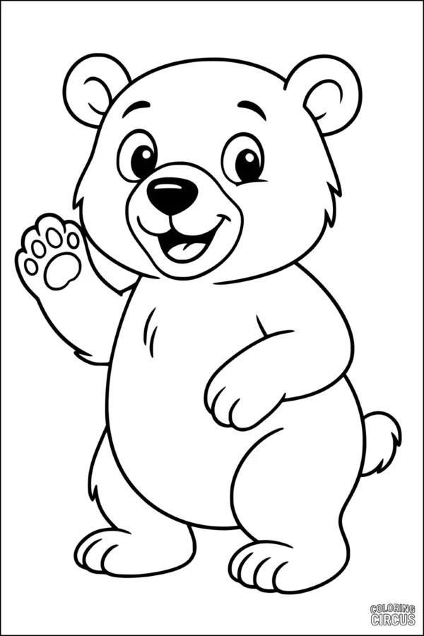 Coloring page of a smiling cartoon polar bear waving cheerfully