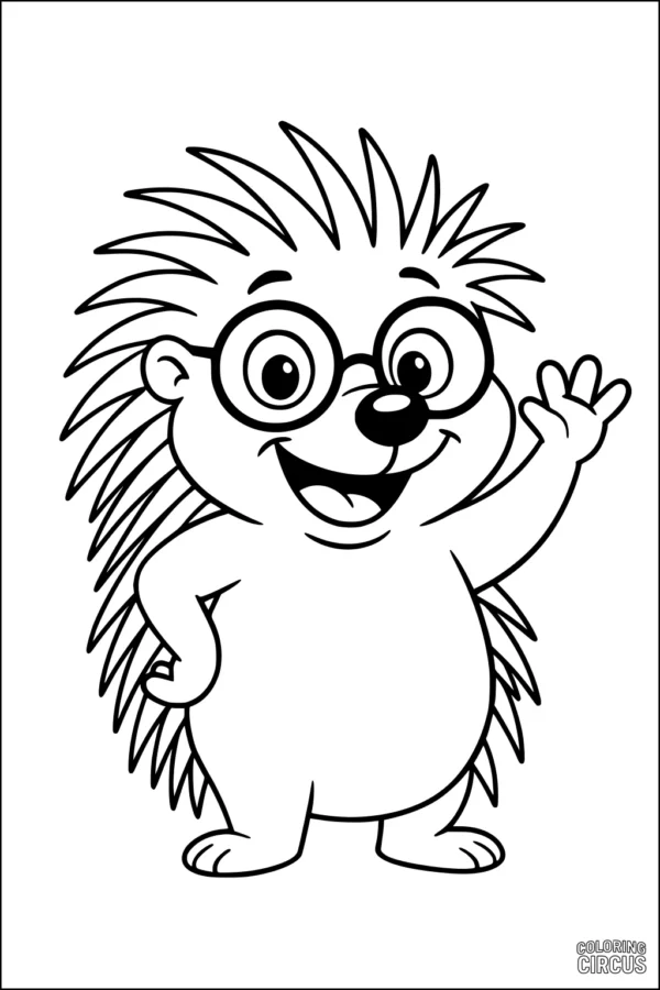 Coloring page featuring a smiling cartoon porcupine wearing glasses and waving
