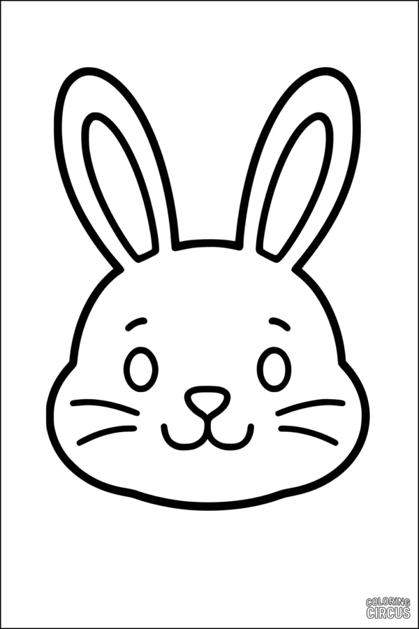 Coloring page featuring a cute cartoon rabbit face with big ears and a friendly smile