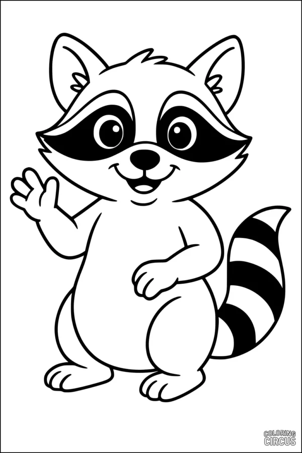 Coloring page of a smiling cartoon raccoon waving with its paw