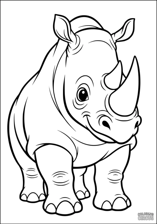 Coloring page featuring a cute cartoon rhinoceros with a friendly expression, large horn, and rounded ears.