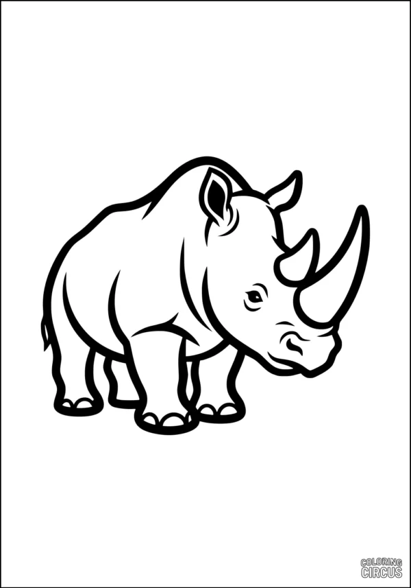Coloring page featuring a friendly cartoon rhinoceros with large horn, standing on all fours