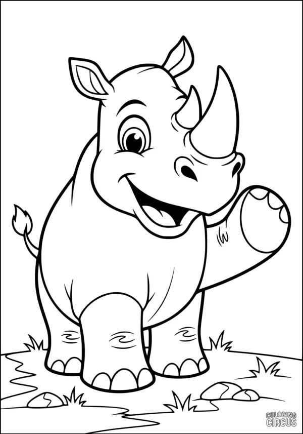 Coloring page showing a cute cartoon rhinoceros waving on a grassy field