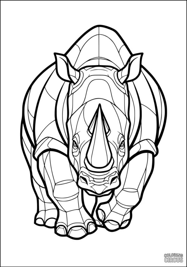 Coloring page showing a detailed cartoon rhinoceros standing, front view, with large horn and textured skin