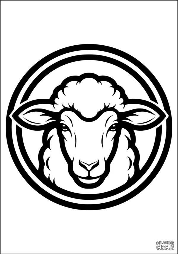 Coloring page of a sheep's head with fluffy wool and large ears inside a circular frame