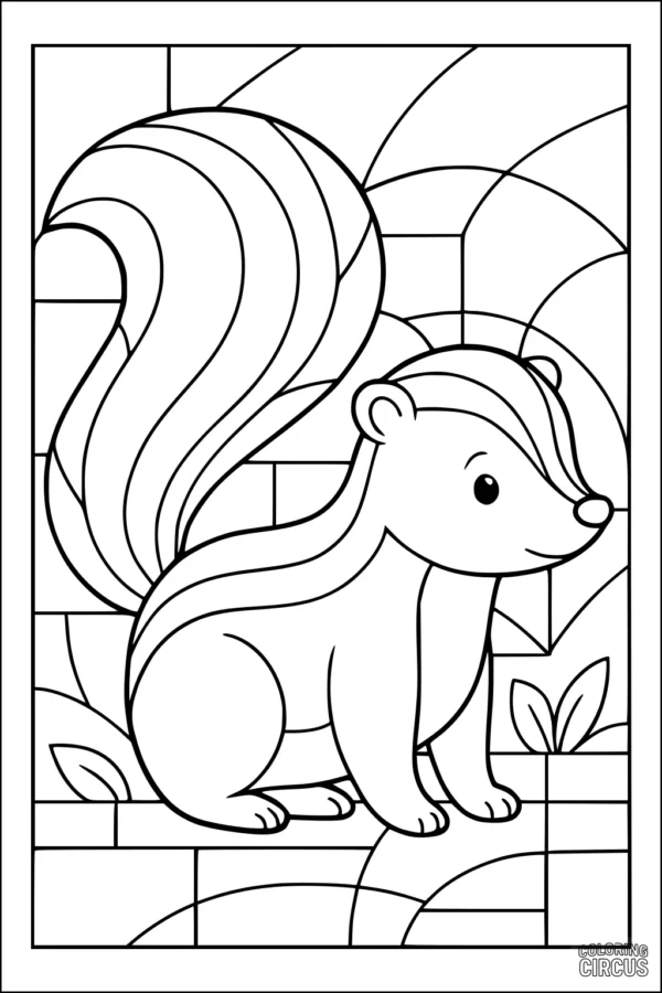Coloring page of a cartoon skunk in a geometric forest background