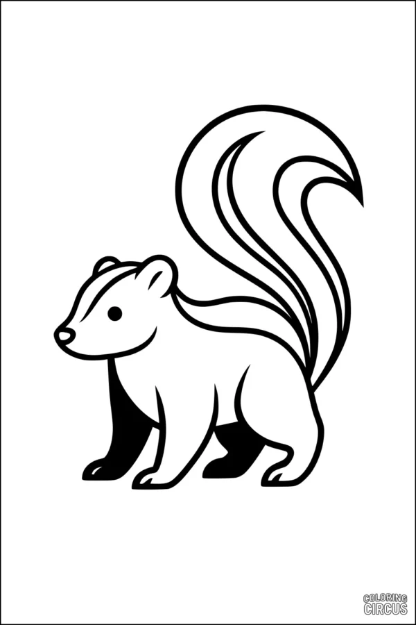 Coloring page showing a cute cartoon skunk with a large fluffy tail