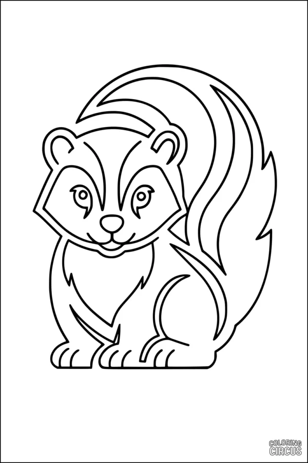 Coloring page of a cute cartoon skunk sitting with a large fluffy tail