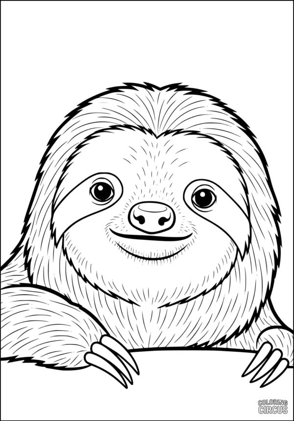 Coloring page featuring a cute smiling sloth with gentle fur details
