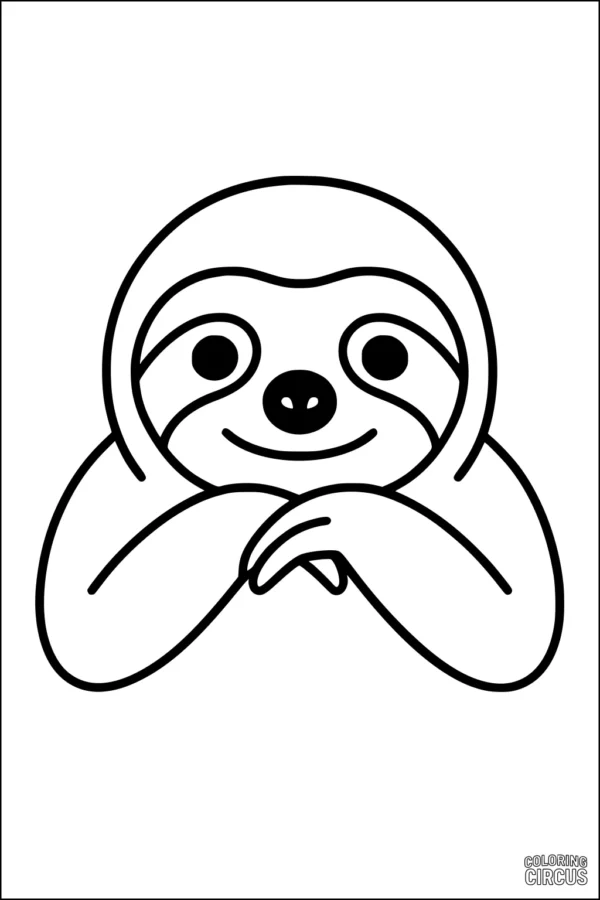 Coloring page featuring a cute, cartoon sloth with a big smile and folded arms
