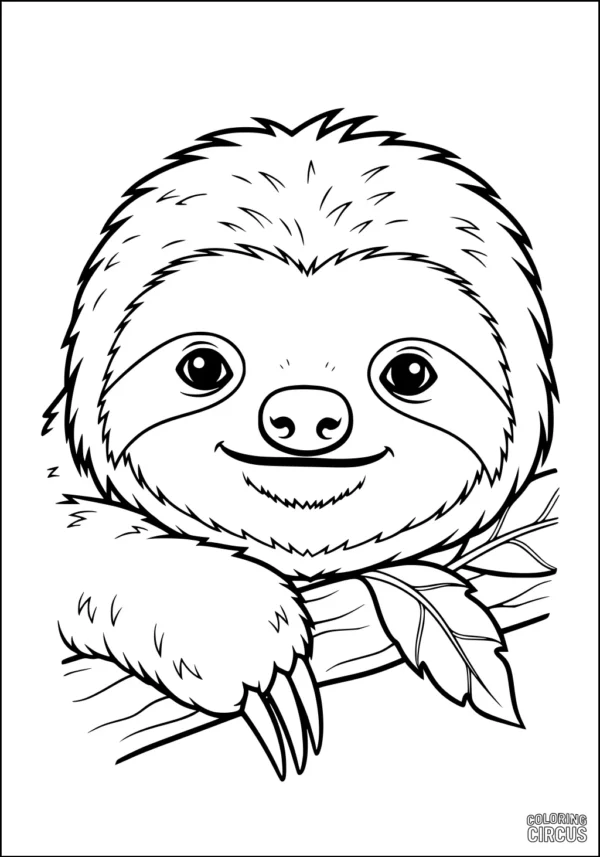 Coloring page showing a cute smiling sloth hanging on a tree branch for children