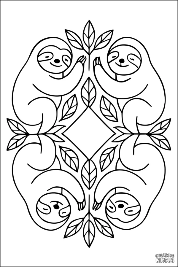 Coloring page with four sloths and leafy branches in a circular pattern for children