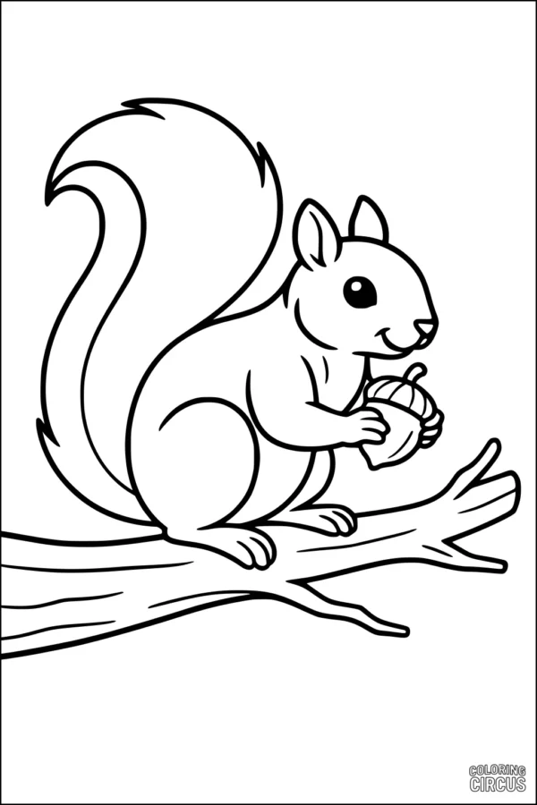 Coloring page featuring a cartoon squirrel holding an acorn while sitting on a tree branch