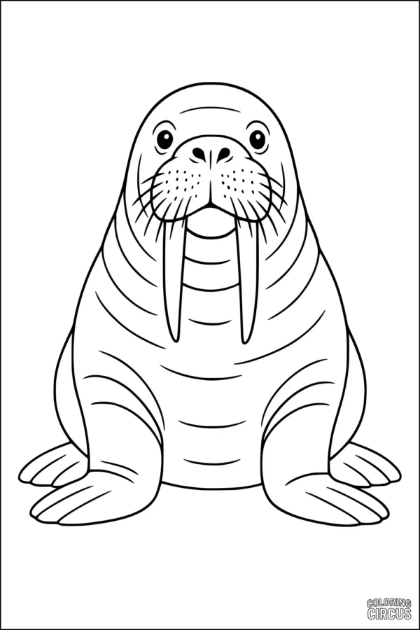 Coloring page featuring a friendly walrus with large tusks and whiskers sitting and looking forward