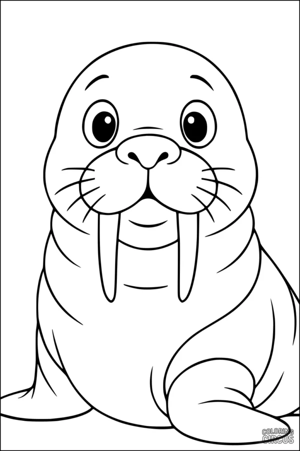 Coloring page featuring a cute, cartoon walrus with big eyes and long tusks, perfect for young children