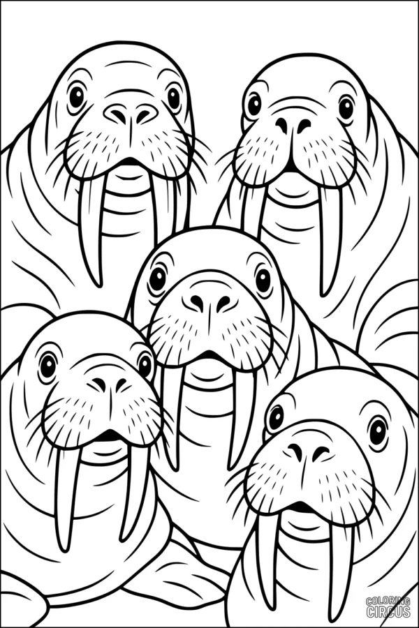 Coloring page featuring a group of five friendly cartoon walruses with large tusks and expressive faces.