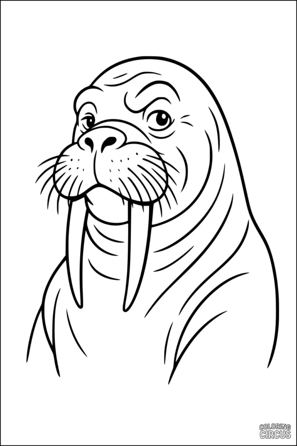 Coloring page of a walrus with large tusks and expressive whiskers