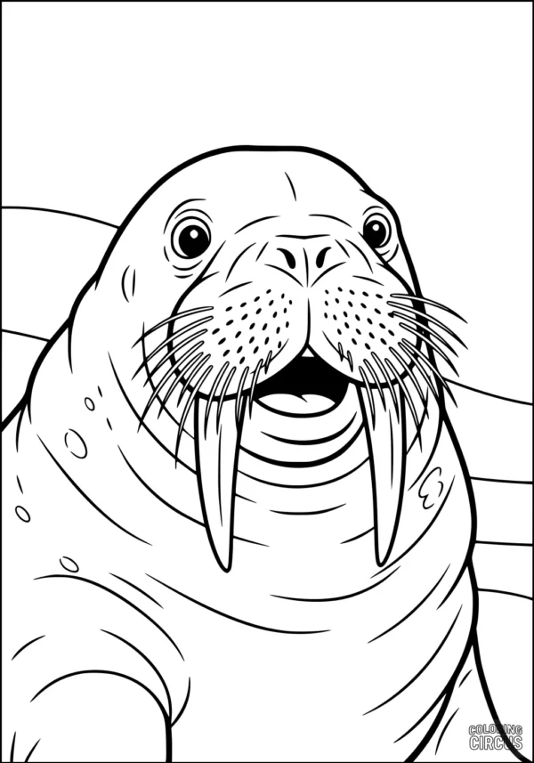Coloring page featuring a cheerful walrus with large tusks and whiskers, designed for children.