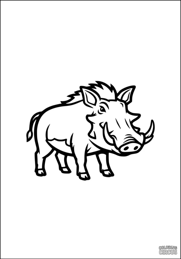 Coloring page of a cartoon-style warthog standing and smiling, with bold lines for easy coloring.