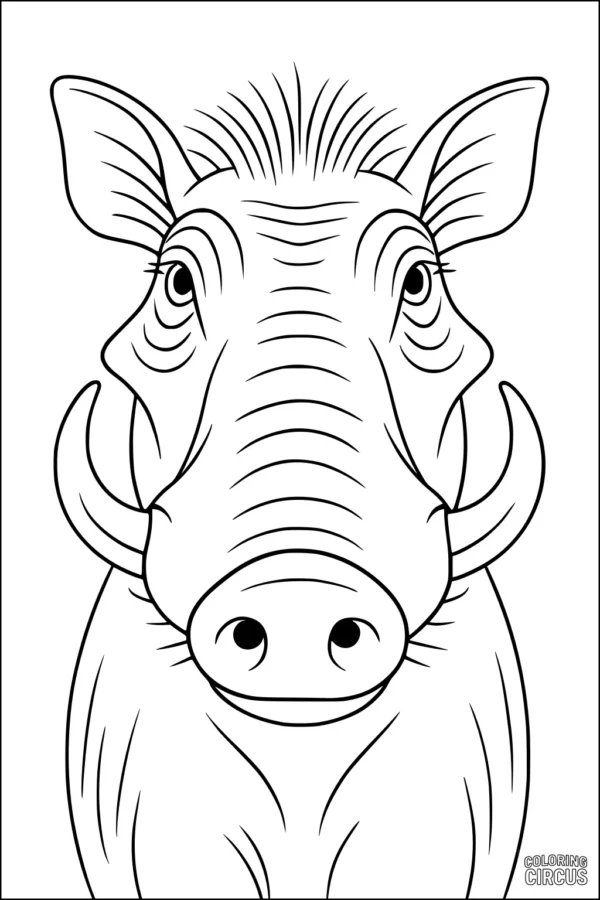 Coloring page featuring a cute cartoon warthog face with big ears and tusks, perfect for young kids.