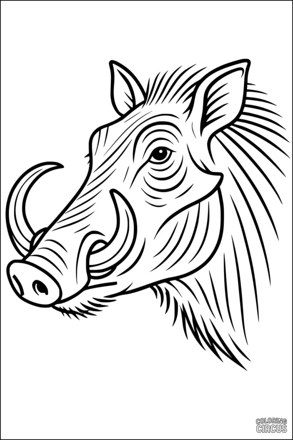 Coloring page of a detailed warthog head with expressive features and large tusks