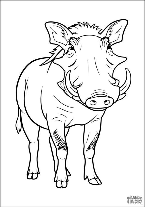 Coloring page featuring a friendly standing warthog with large tusks and expressive eyes