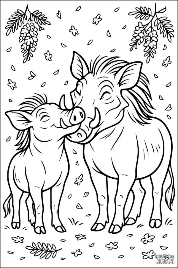 Coloring page showing two smiling warthogs nuzzling under acacia trees with falling petals