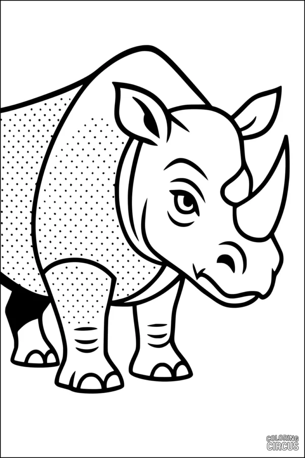 Coloring page of cute rhinoceros with friendly expression, designed for young children