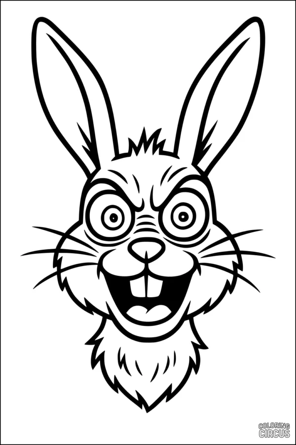 Coloring page featuring an expressive cartoon rabbit head with wide eyes and big ears