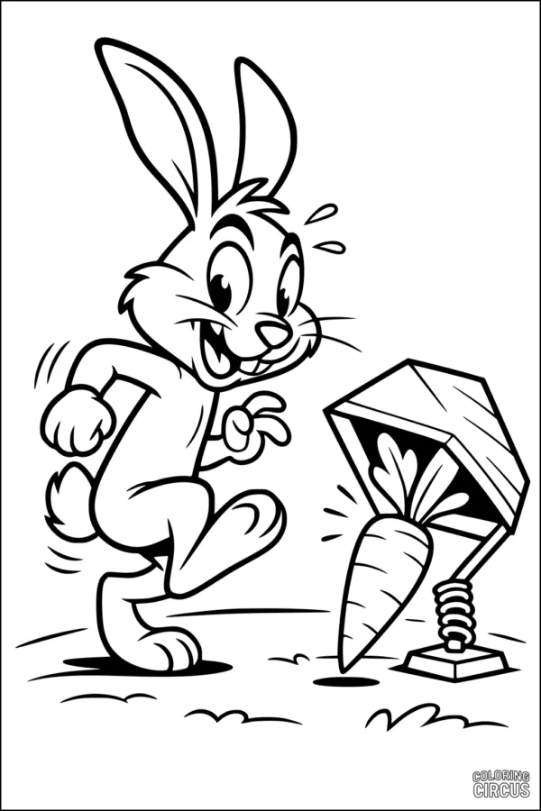 Coloring page of a smiling rabbit jumping towards a surprise carrot springing from a box