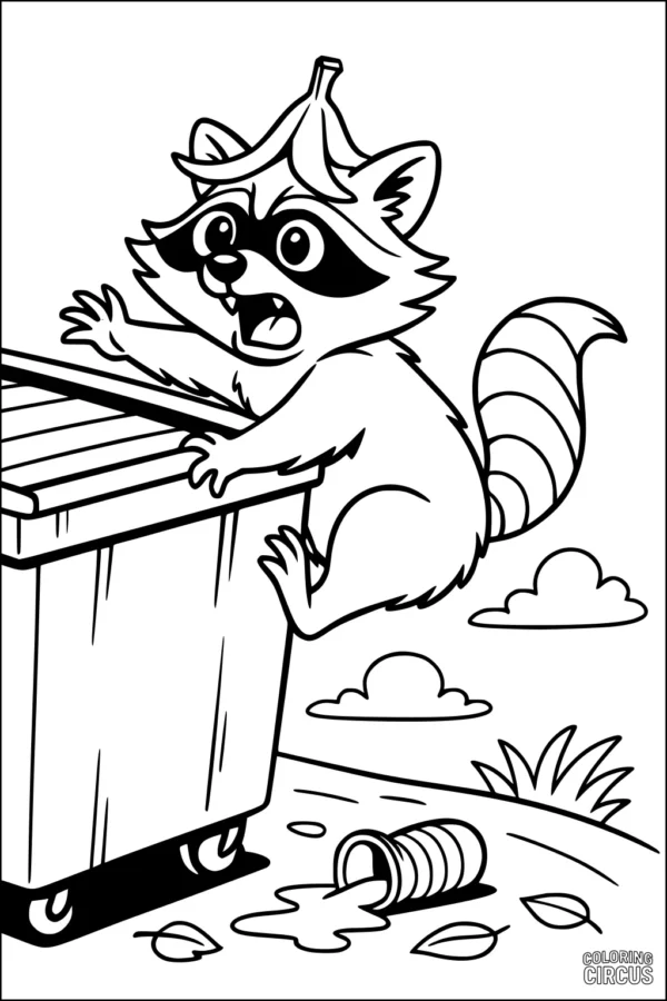 Coloring page shows a cartoon raccoon with a banana peel on its head, clinging to a trash bin outdoors