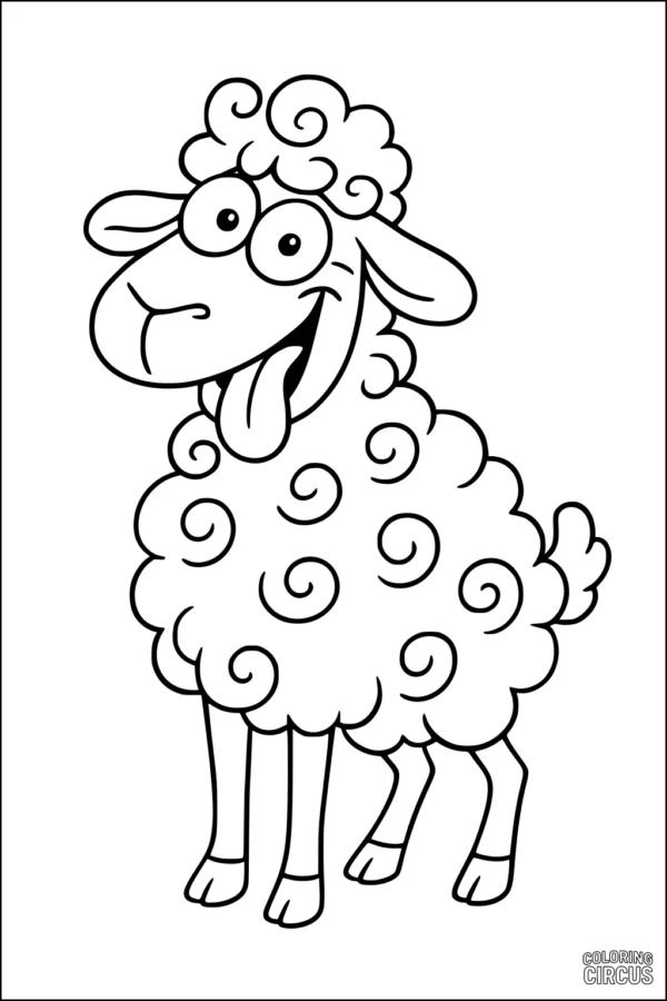 Coloring page featuring a smiling cartoon sheep with curly, swirly wool and a playful expression