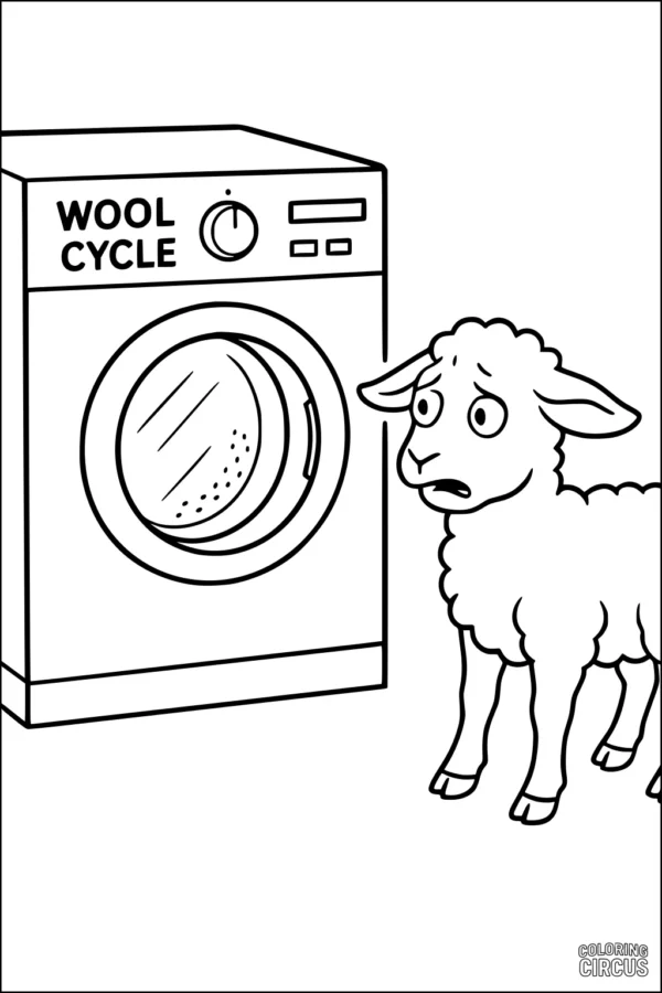 Coloring page showing a surprised sheep looking at a washing machine labeled wool cycle