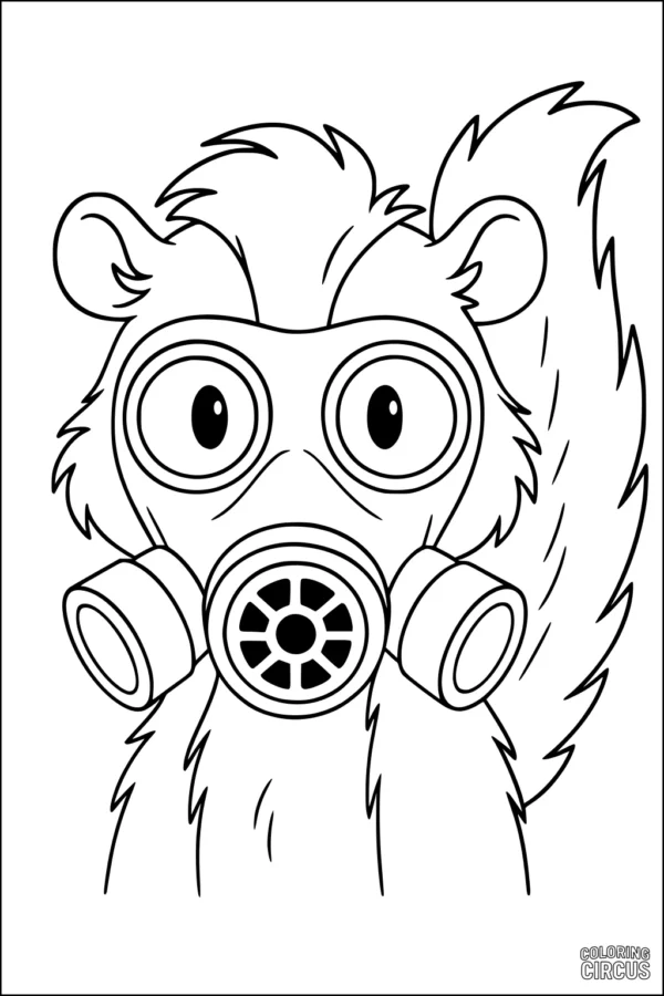 Coloring page of a cartoon skunk wearing a big mask, suitable for kids