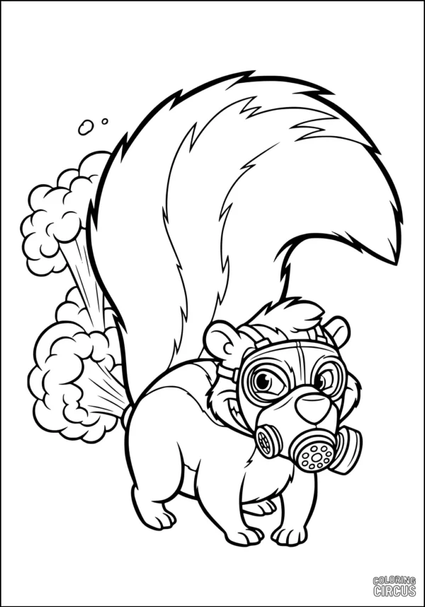 Coloring page of a cute skunk wearing a mask with puffs of stink