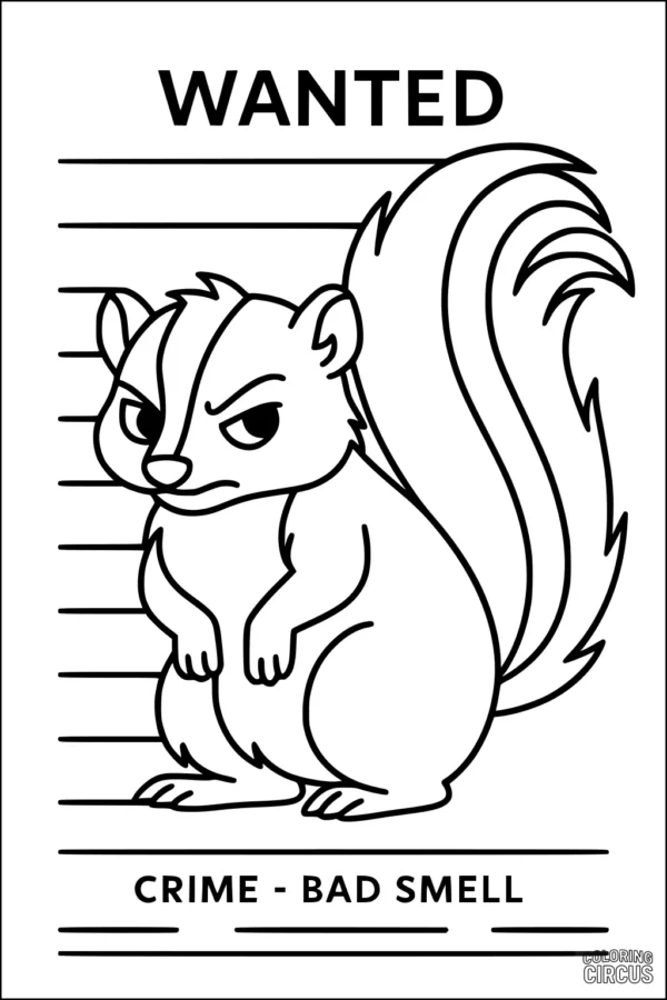 Coloring page of a cartoon skunk in a mugshot with wanted sign