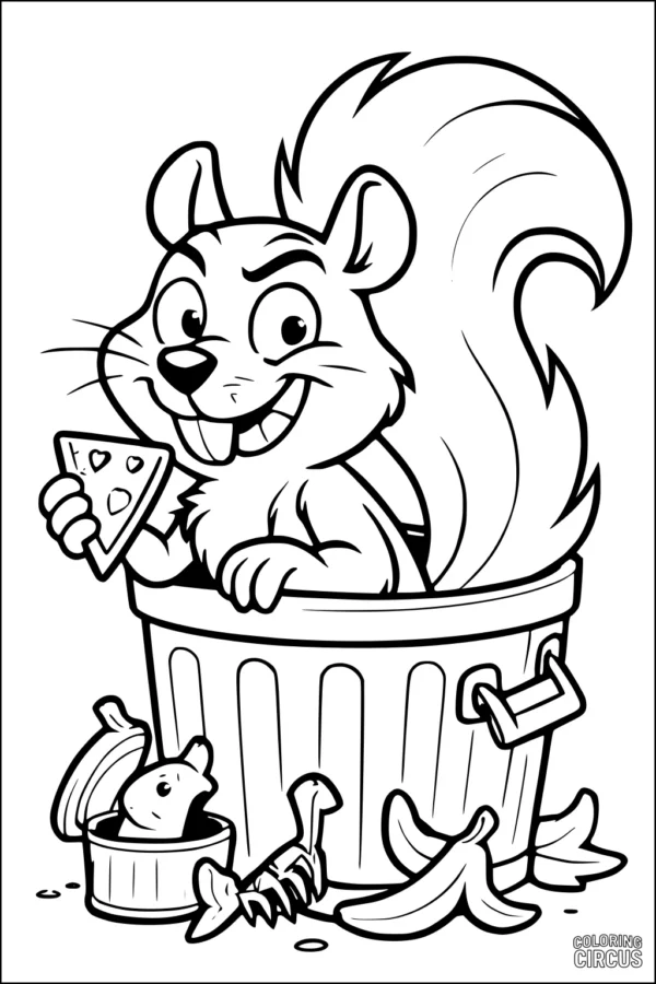 Coloring page featuring a playful cartoon squirrel holding pizza in a trash can with banana peels and fish bones around.