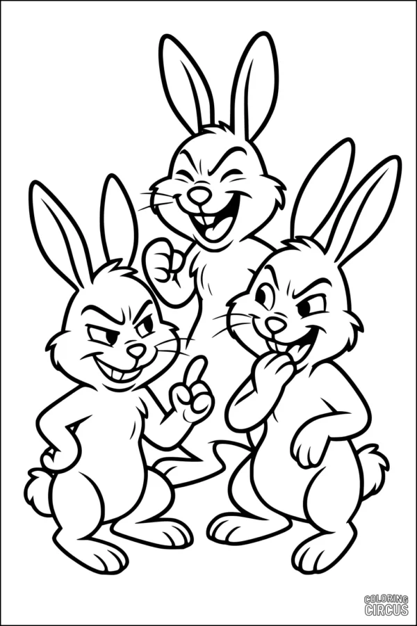 Coloring page showing three expressive cartoon rabbits sharing a secret