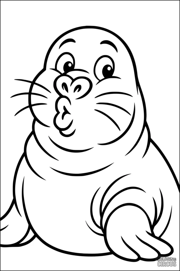 Coloring page showing a cute cartoon walrus with a playful expression