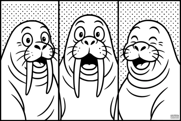 Coloring page featuring three cartoon walrus faces with playful expressions, pop-art background.