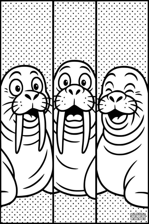 Coloring page showing three cartoon walruses making silly faces with dotted background