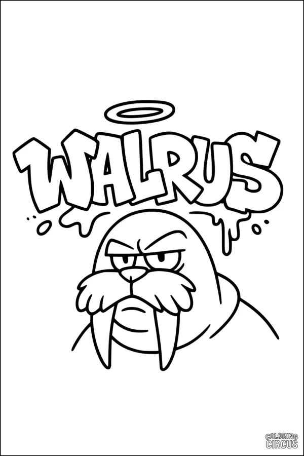 Coloring page showing a cartoon walrus with tusks under graffiti-style walrus text