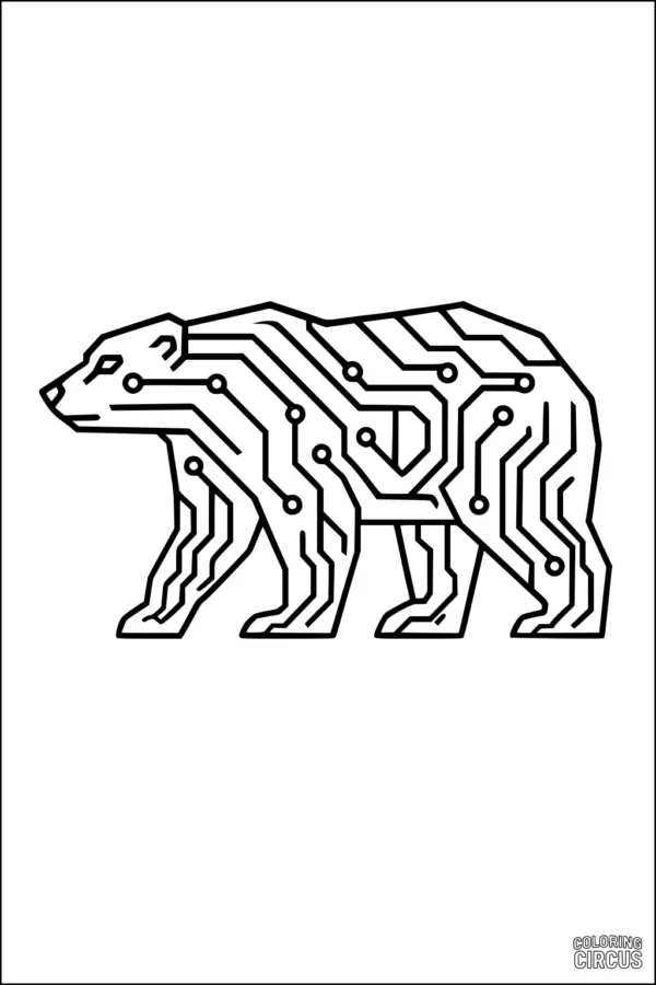 Coloring page of a polar bear with geometric circuit patterns